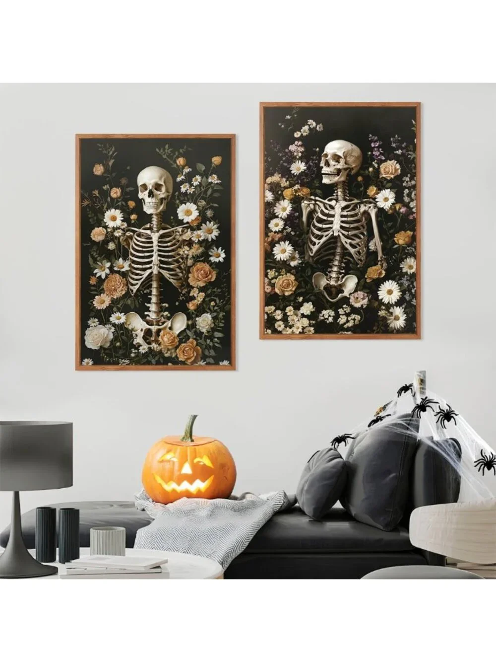 Large 16x24 Halloween Skeleton Canvas Art - Vintage Skull & Floral Wall Decor